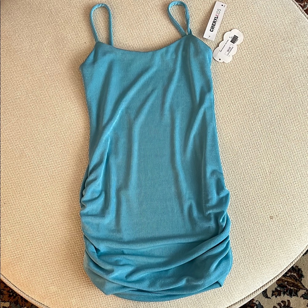 New with tags girls turquise, ruched, stretchy dress--can be casual or dressy!